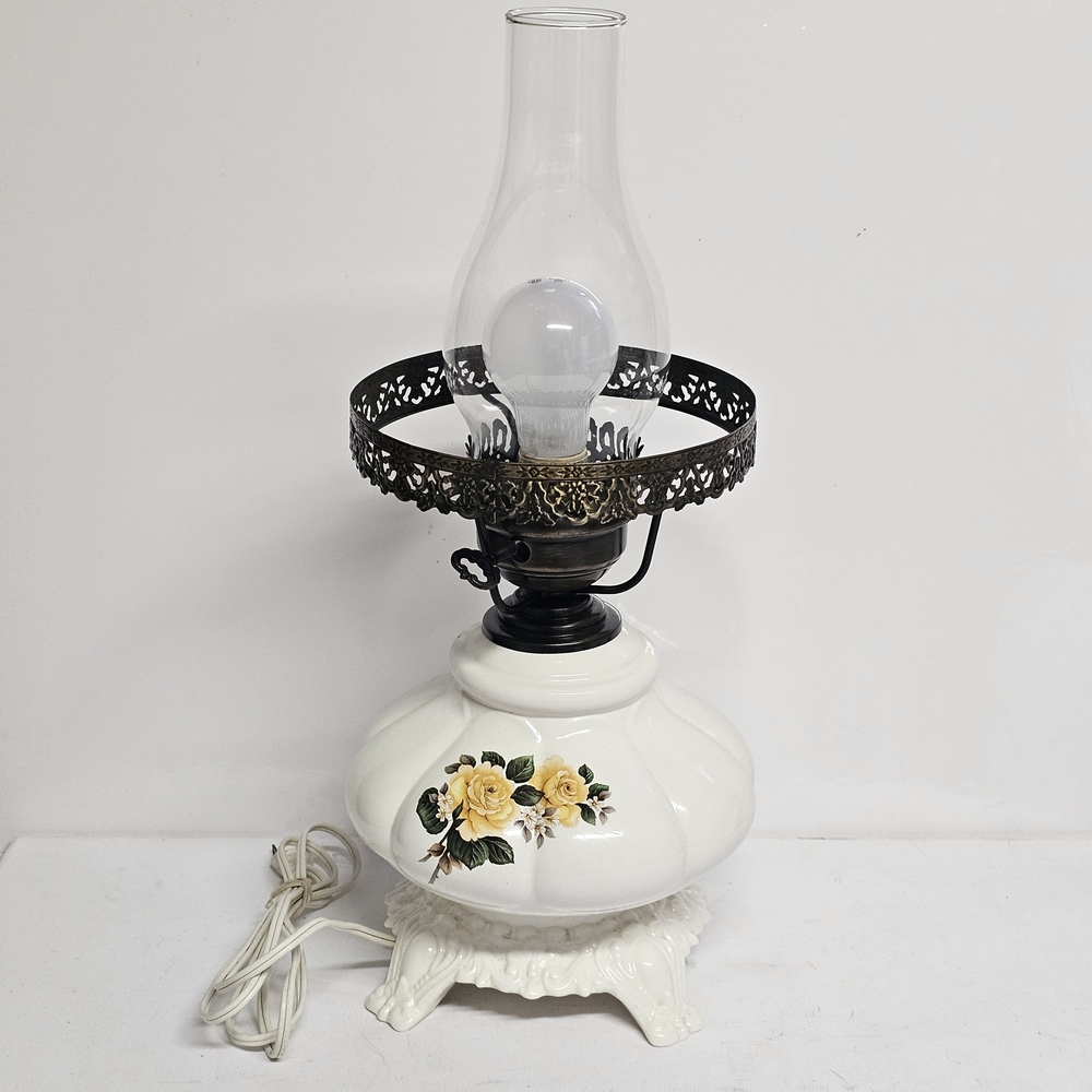 Vintage J. Brown 183 Electric Hurricane Table Lamp with Yellow Rose Design